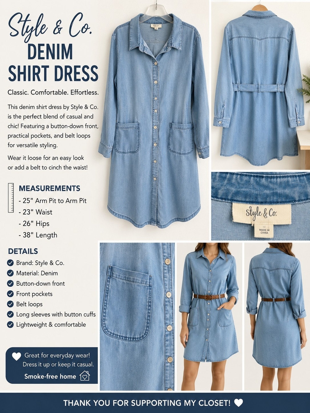 Style & Co. Denim Shirt Dress Button Front Belt Loops Pockets Casual Blue XXL